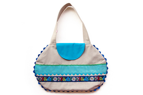 Linen Bag With Blue Appliqué Ribbons on Luulla
